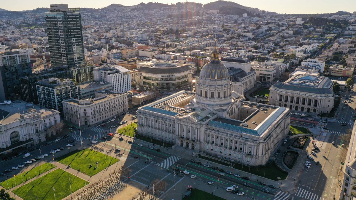 Aerial view of San Francisco City Hall and the surrounding Civic Center